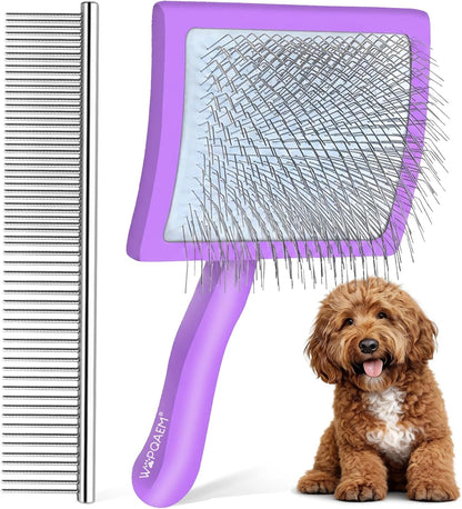 Slicker Brush for Doodles and Poodles - 2-Piece Solid Wood Dog Grooming Set with Extra Long Pin Dematting Tool and Metal Comb for Curly, Matted & Thick Hair, Purple