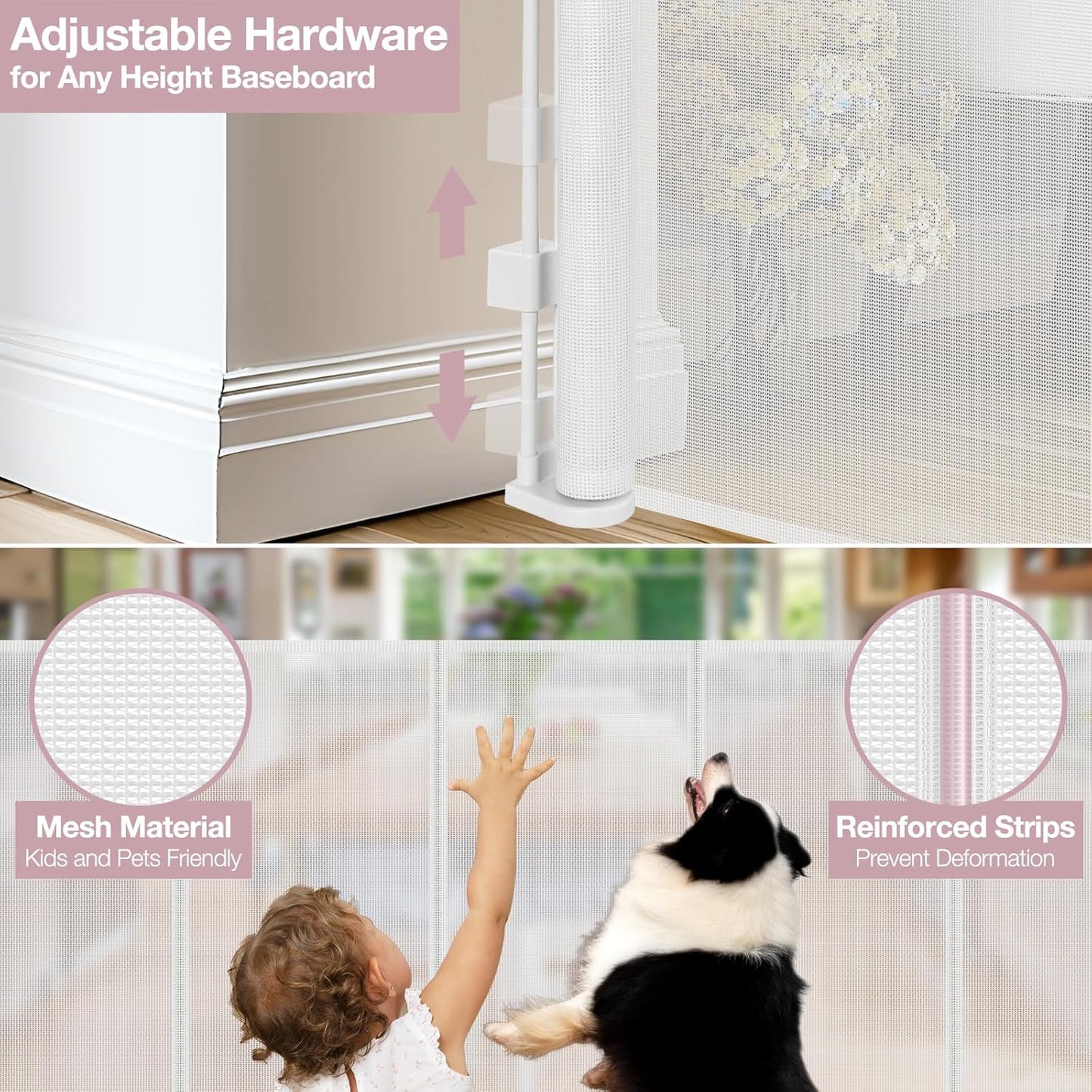 Reinforced 56" Wide Retractable Baby Gates for Doorways with Support Rods - Prevent Crawling Under Retractable Gate, Mesh Pet Gate for Stairs Retractable Dog Gates for The House Indoor/Outdoor, Black