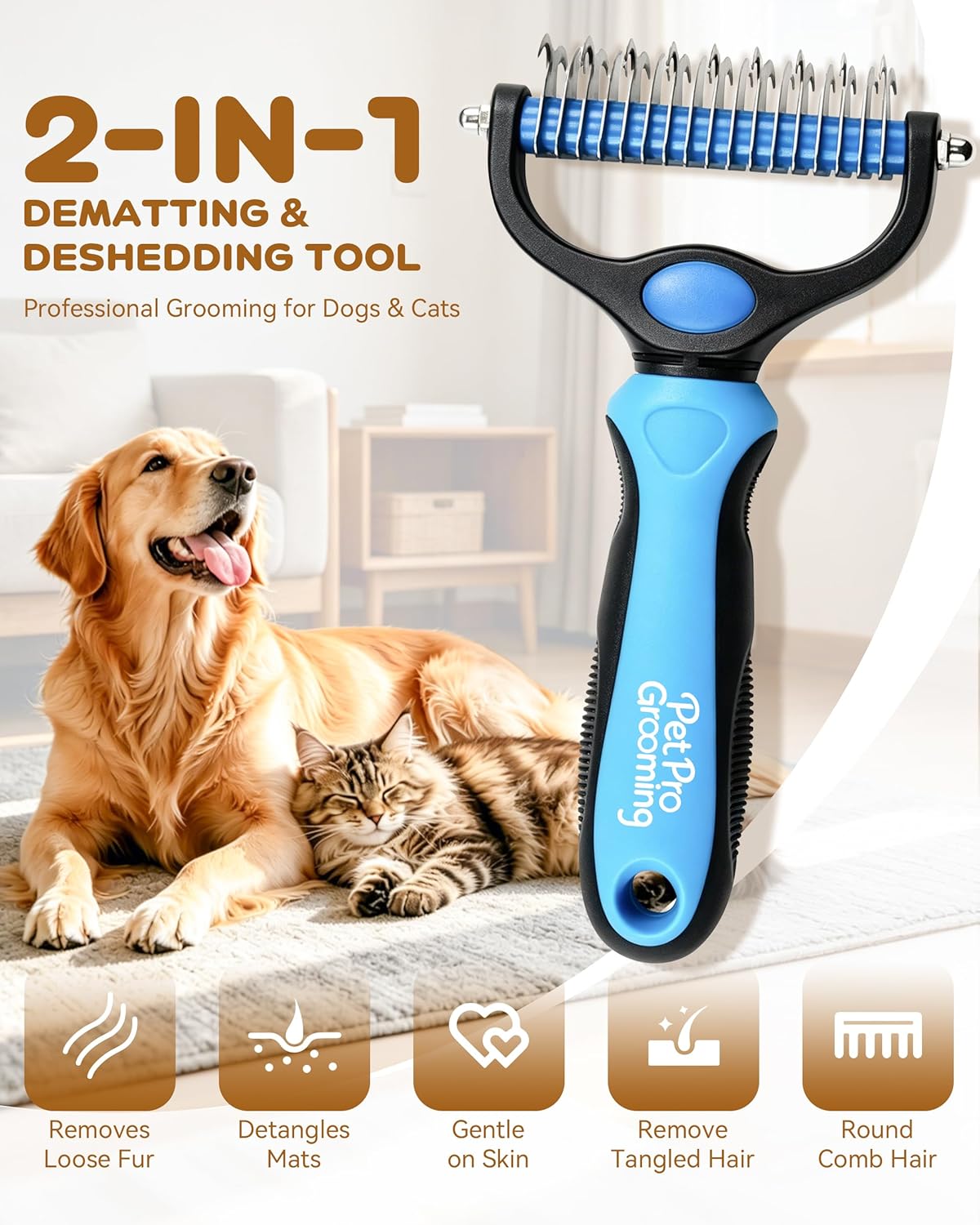 Pet Pro Grooming Tool, Dematting Comb for Dogs and Cats, Deshedding Dog Brush, Undercoat Rake for Dogs, Removes Tangles Knots and Loose Fur, Grooming Tool for Thick Coats (Orange)