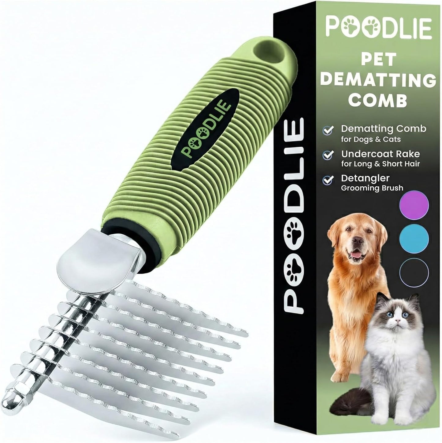Poodle Dematting Fur Rake Comb Brush for Dogs and Cats - Long 2.5" Steel Safety Blades Metal Comb for Detangling Matted or Knotted Undercoat Hair (Orange)