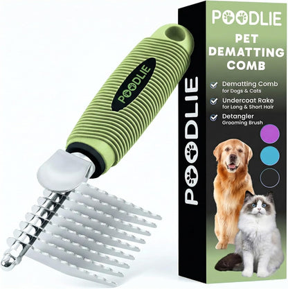Poodle Dematting Fur Rake Comb Brush for Dogs and Cats - Long 2.5" Steel Safety Blades Metal Comb for Detangling Matted or Knotted Undercoat Hair (Orange)