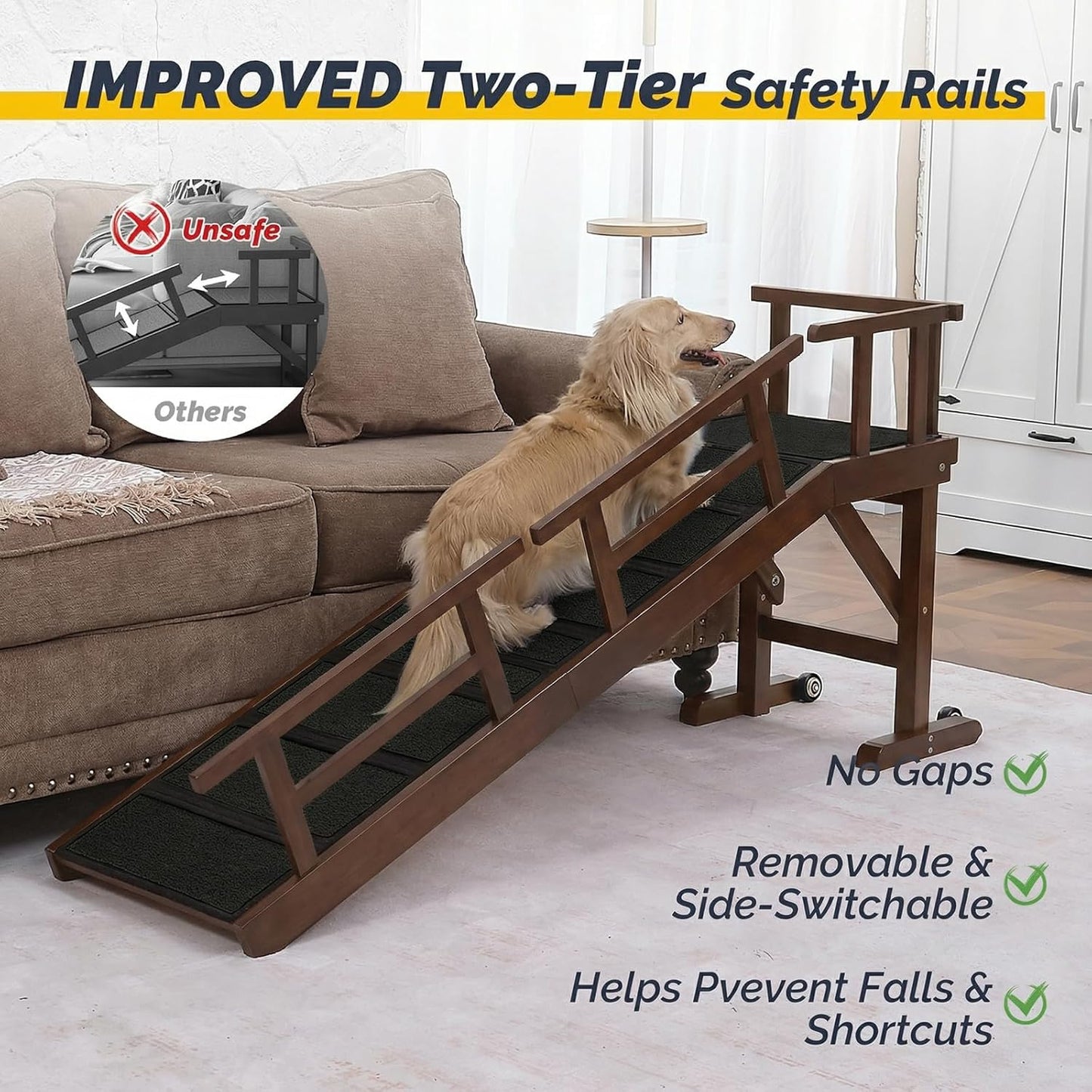 Dog Ramp for Bed or Couch, Wooden Pet Ramp with 20° Gentle Slope, Removable Side Rails, Non-Slip Surface, Top Platform & Wheels, Safe Bed Ramp for Small, Large & Senior Dogs, 60" Long, Mahogany
