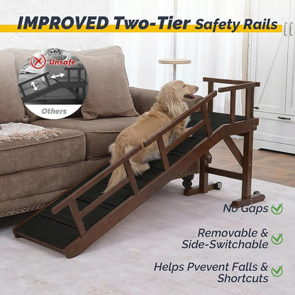 Dog Ramp for Bed or Couch, Wooden Pet Ramp with 20° Gentle Slope, Removable Side Rails, Non-Slip Surface, Top Platform & Wheels, Safe Bed Ramp for Small, Large & Senior Dogs, 60" Long, Mahogany