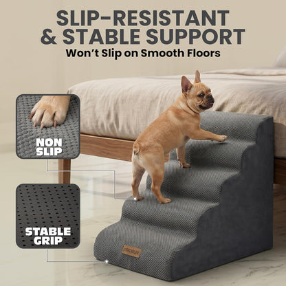 Dog Stairs for High Beds Up to 30", Extra-Tall 5-Step Dog Steps for Bed, 24.5" Tall Foam Pet Stairs for Small & Medium Dogs, Gentle Slope Cat Ramp for Bed with Washable Cover