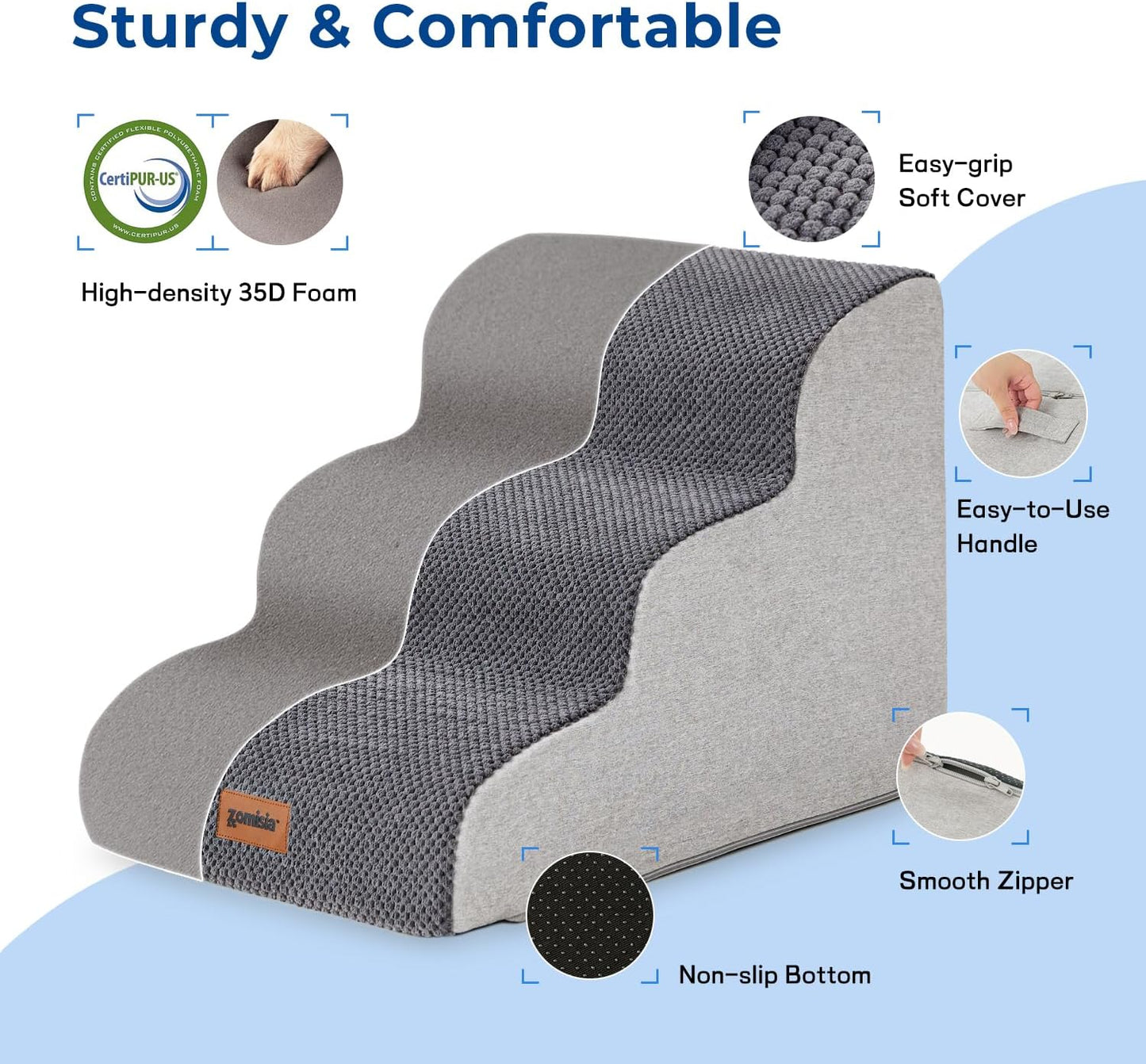 ZOMISIA Dog Stairs Ramp for High Beds Up to 25" - 5 Step Pet Stairs for Small to Large Dogs, 35D Foam Dog Steps for Couch with Non-Slip Bottom Grey