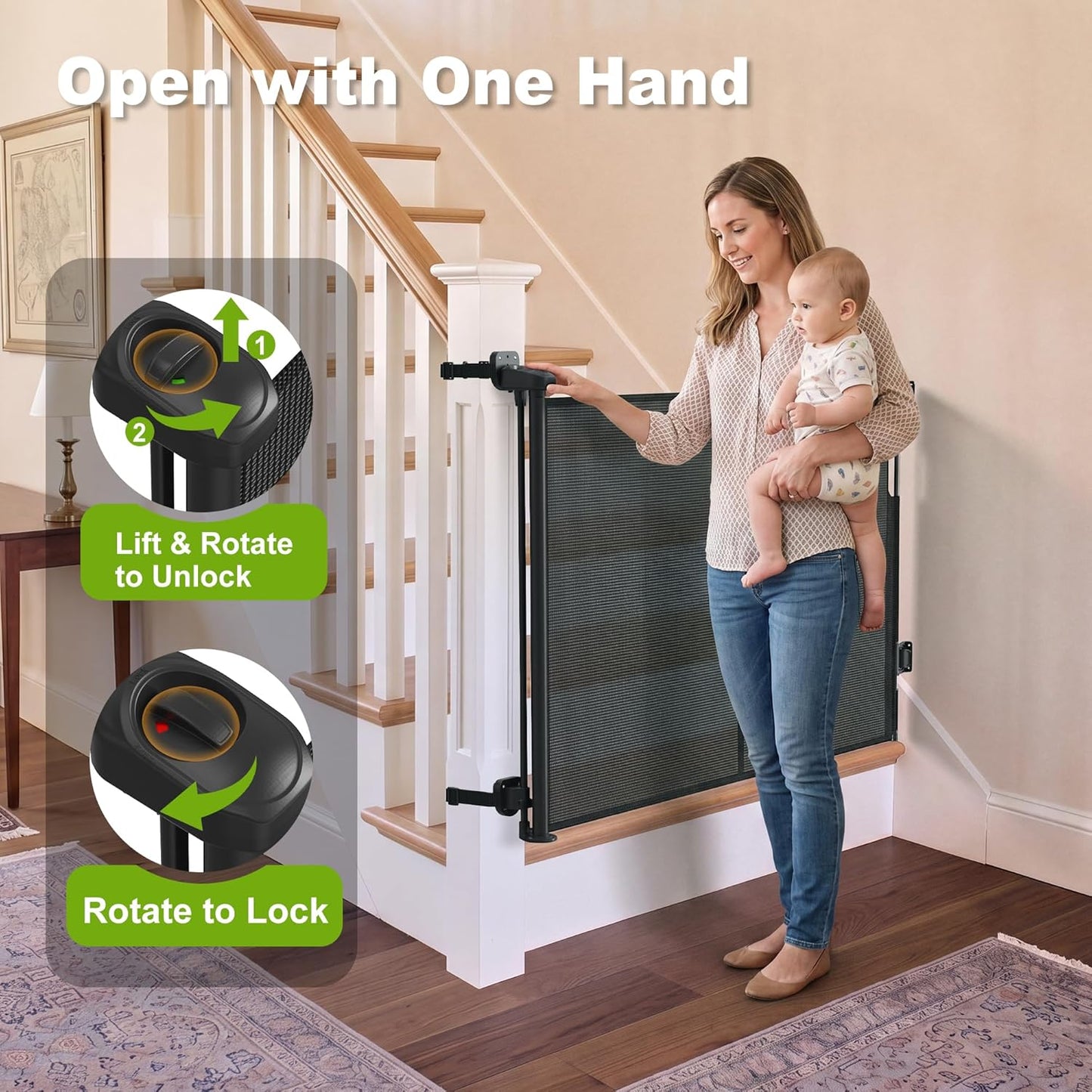Reinforced Retractable Baby Gate for Stairs & Banister, 55" Wide Mesh Dog Gate, One-Handed Dual Lock Safety Gate for Kids & Pets, Fits Round & Square Posts (Black)