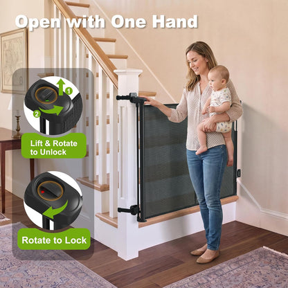 Reinforced Retractable Baby Gate for Stairs & Banister, 55" Wide Mesh Dog Gate, One-Handed Dual Lock Safety Gate for Kids & Pets, Fits Round & Square Posts (Black)