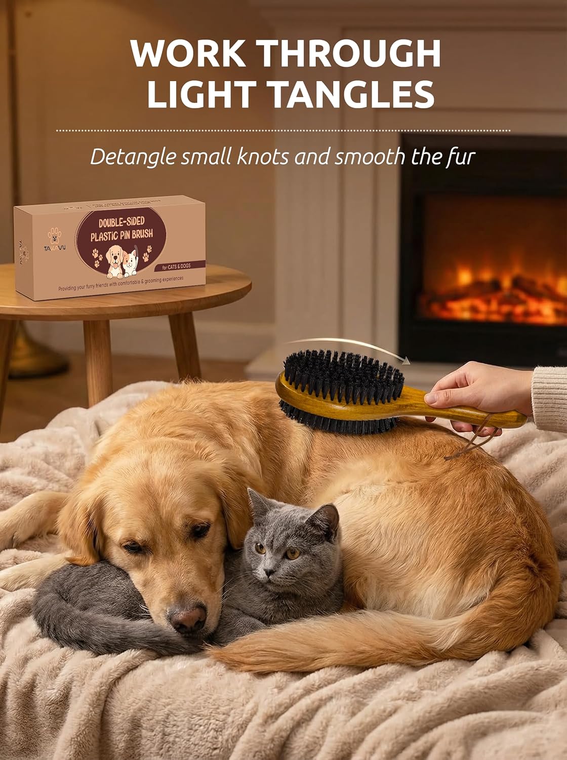 TAKAVU Short Hair Dog & Cat Deshedding Brush - Double Sided Grooming Tool with Silicone Massage & Bristle Sides - Removes Loose Fur & Dirt - Wood Handle