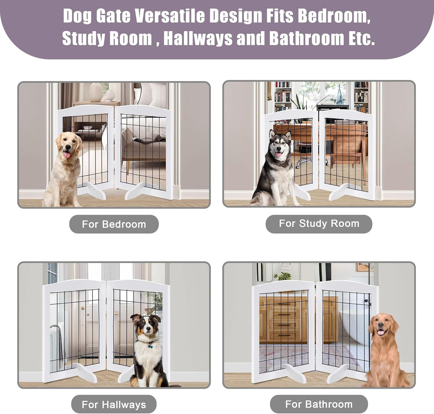 LZRS 2-Panel Freestanding Foldable Wood Dog Gate – Solid Wood & Steel Wire, Chew-Resistant Pet Barrier for Indoor Use, Ideal for Small to Medium Dogs, White