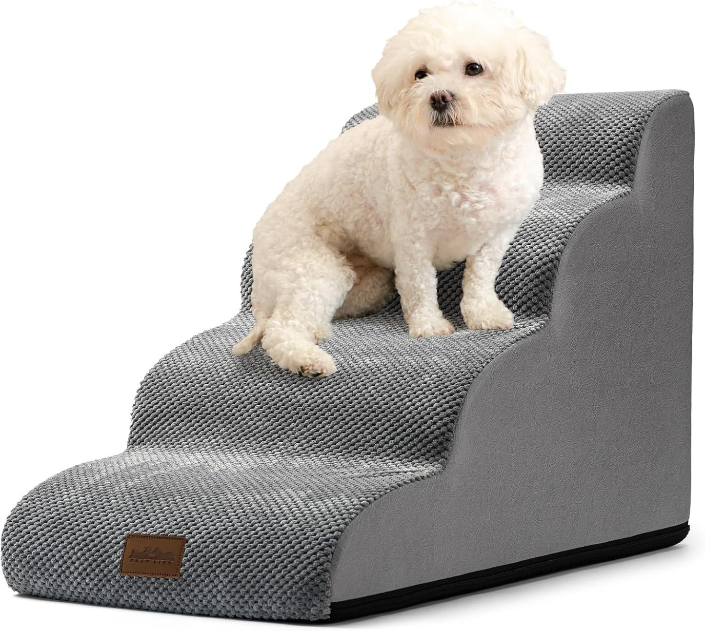 COZY KISS Dog Stairs for Small Dogs 15.7" H, Curved Dog Step for Puppy, Older Cat, Medium Pet Ramp for Sofa, Couch or Chair, Ladder with High Density Foam, 3 Step, 15.7x22.4x15.7 inch, Beige