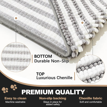 pobopobo Dog Door Mat for Muddy Paws - Absorbent & Washable Chenille Rug, Non-Slip Dirt Trapper for Indoor Outdoor Entryway, Quick Dry Pet Mat for Muddy Dogs (Striped Gray-Blue&White, 24" x 16")