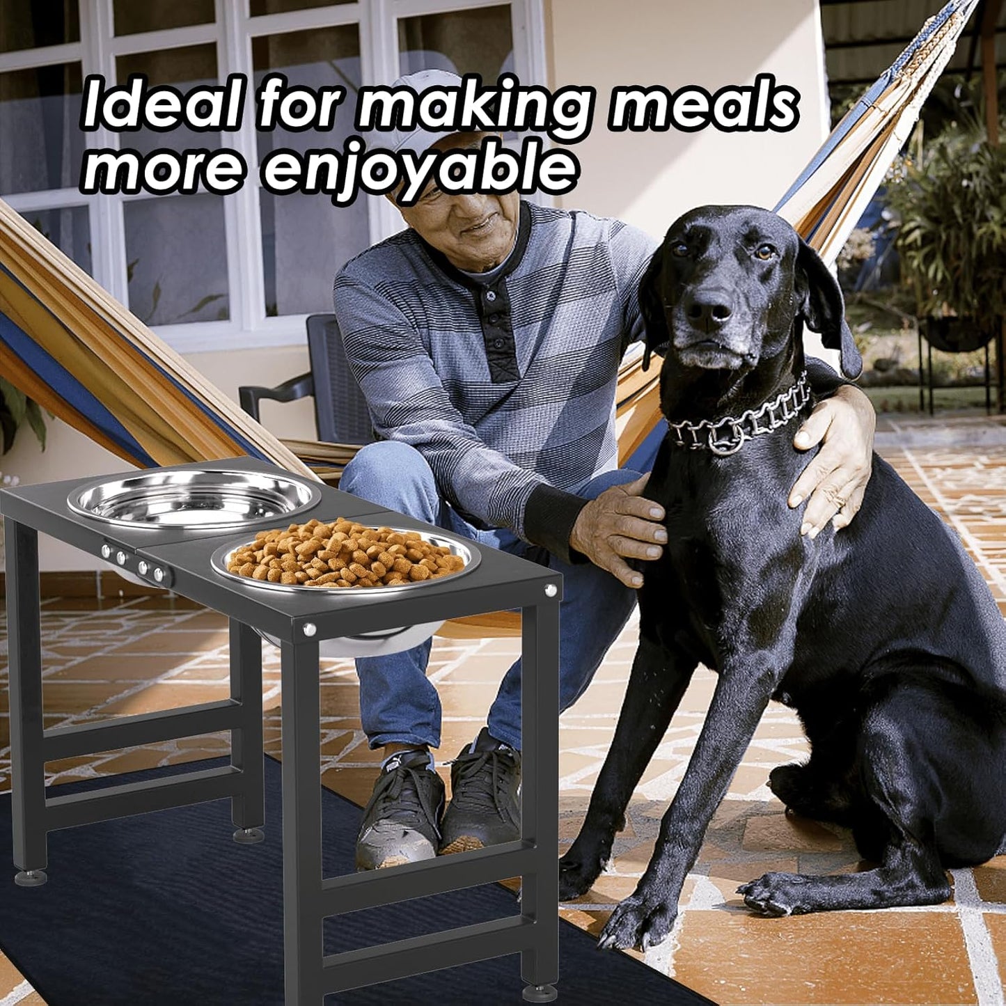 ADENGL Metal Raised Dog Bowl, 10" Tall Elevate Dog Feeder Stand with 2 Stainless Steel 42oz Bowls & 16x24 Non-Slip Mat – Stronger Dogs Food & Water Bowl Stand (Black)