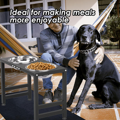ADENGL Metal Raised Dog Bowl, 10" Tall Elevate Dog Feeder Stand with 2 Stainless Steel 42oz Bowls & 16x24 Non-Slip Mat – Stronger Dogs Food & Water Bowl Stand (Black)