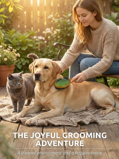 TAKAVU Short Hair Dog & Cat Deshedding Brush - Double Sided Grooming Tool with Silicone Massage & Bristle Sides - Removes Loose Fur & Dirt - Wood Handle