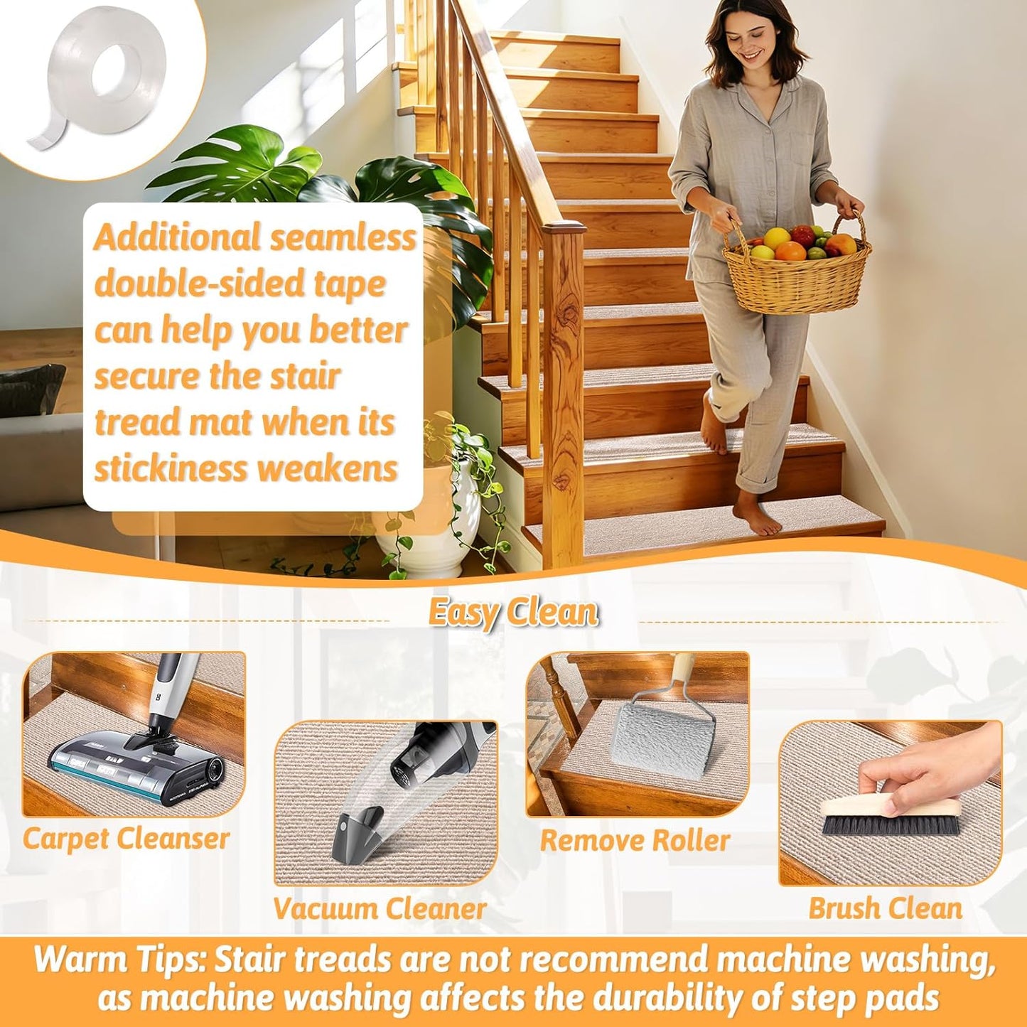 18 Pack Non-Slip Stair Treads for Wooden Steps Indoor, 8" X 30" Peel and Stick Carpet Stair Treads for Wooden Steps, Reusable Self-Adhesive Stair Runners for Wooden Steps for Kids, Elders & Pets