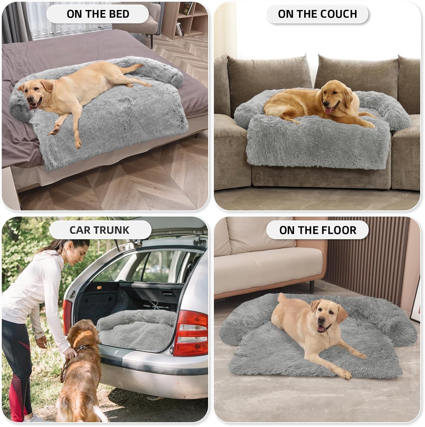 Calming Dog Bed Fluffy Plush Dog Mat for Furniture Protector with Removable Washable Cover for Large Medium Small Dogs and Cats (Large, Light Grey)