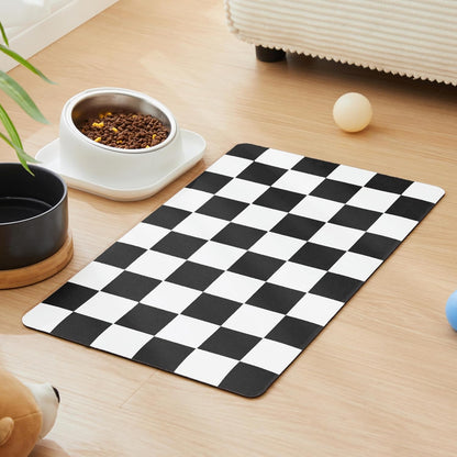 Checkered Dog Feeding Mat, Absorbent Mats for Dog Food and Water Bowl, Dispenser, Retro Aesthetic Khaki Beige Checkerboard Pet Placemat for Dogs, Cats, Puppy Accessories, 12" X 19”