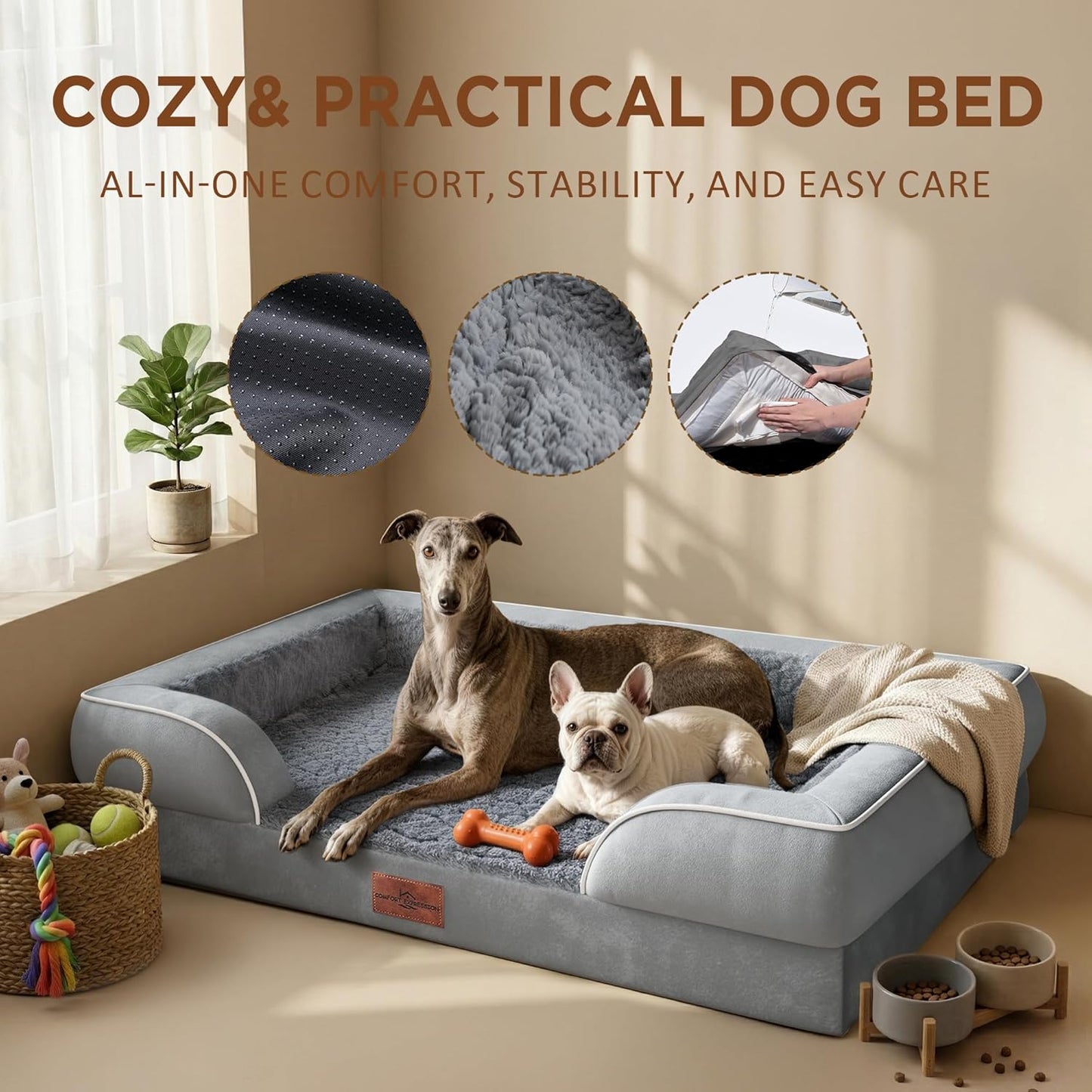 Comfort Expression Orthopedic Dog Bed for Extra Large Dogs 42x30 Inch, Waterproof Egg Crate Foam XL Pet Bed with Removable Bolsters, Dog Couch with Washable Cover & Non-Slip Bottom, Grey - Colors A