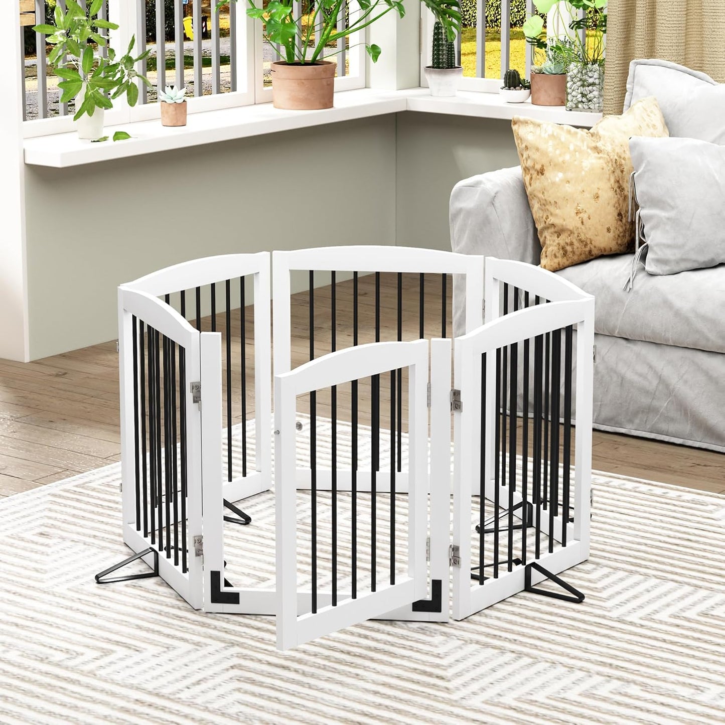 PUPETPO Freestanding Dog Gate with Door, Pet Gate for Stairs, 80 inch Wide Pet Barrier Indoor, Dog Fences Indoor, Support Feet Included, 4 Panels, 24" Tall, Dark Brown