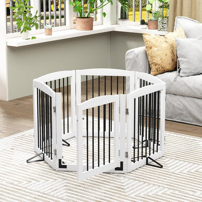 PUPETPO Freestanding Dog Gate with Door, Pet Gate for Stairs, 80 inch Wide Pet Barrier Indoor, Dog Fences Indoor, Support Feet Included, 4 Panels, 24" Tall, Dark Brown