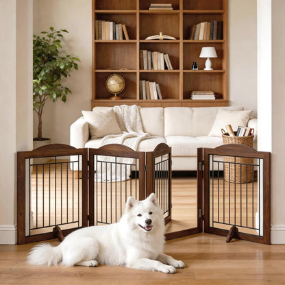 Vantas Espresso Wooden Folding Dog Gate 144" Wide x 30" Tall with Door, Freestanding Pet Gate, Pet Puppy Safety Fence