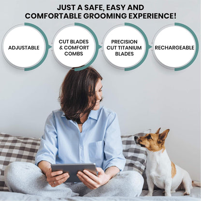 Pet Union Professional Dog Grooming Kit - Cordless Low Noise Dog Clippers for Grooming Thick Coats - All Pet Safe Cat Hair Trimmer - Pet Grooming Kit Includes Dog Hair Clippers, Nail Trimmer & Shears