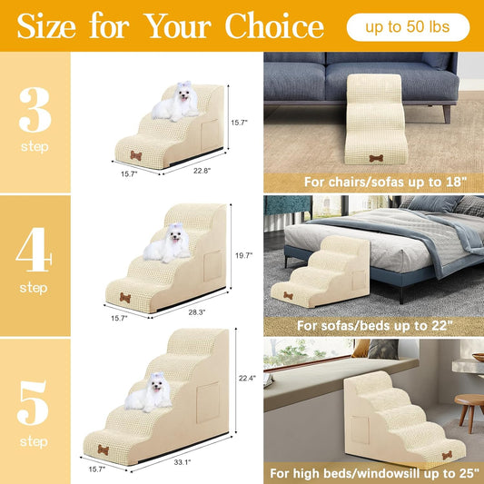 POCBLUE Dog Stairs for Small Dogs 15.7" H, Wide Pet Step for Couch/Sofas/Chairs, Curved Pet Ramps for Small Dogs & Cats with High-Density Foam and Washable Cover, 3-Step, Grey
