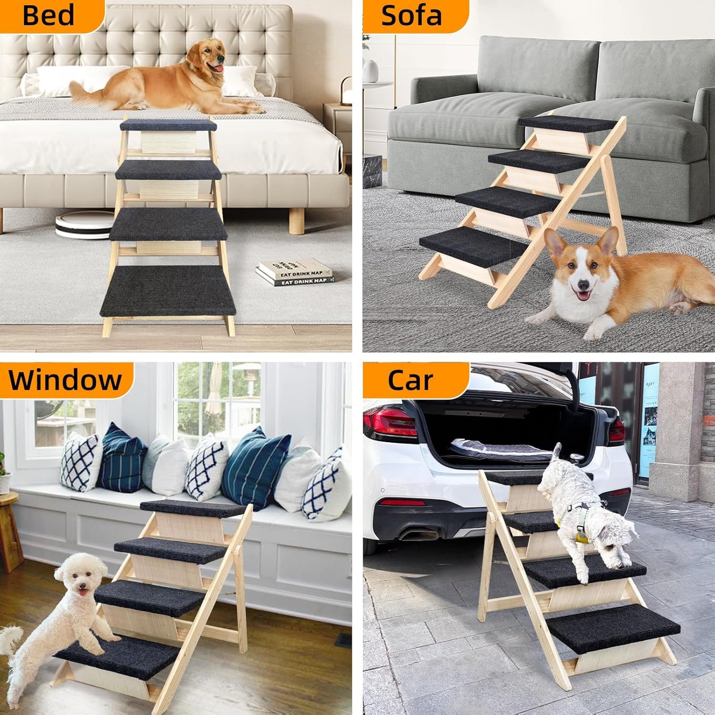 Dog Stairs/Ramp for Bed, Wooden 2-in-1 Foldable Pet Stairs & Ramp, Portable Dog Ladder Up to 180 Pound for Elderly/Short-Legged Dogs, 4 Steps for Beds, Couch, Cars