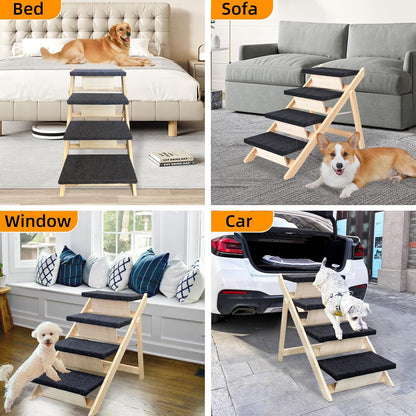 Dog Stairs/Ramp for Bed, Wooden 2-in-1 Foldable Pet Stairs & Ramp, Portable Dog Ladder Up to 180 Pound for Elderly/Short-Legged Dogs, 4 Steps for Beds, Couch, Cars