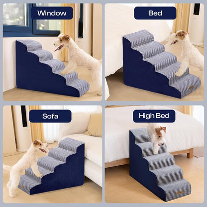 Dog Stairs for High Beds Up to 30", Extra-Tall 5-Step Dog Steps for Bed, 24.5" Tall Foam Pet Stairs for Small & Medium Dogs, Gentle Slope Cat Ramp for Bed with Washable Cover