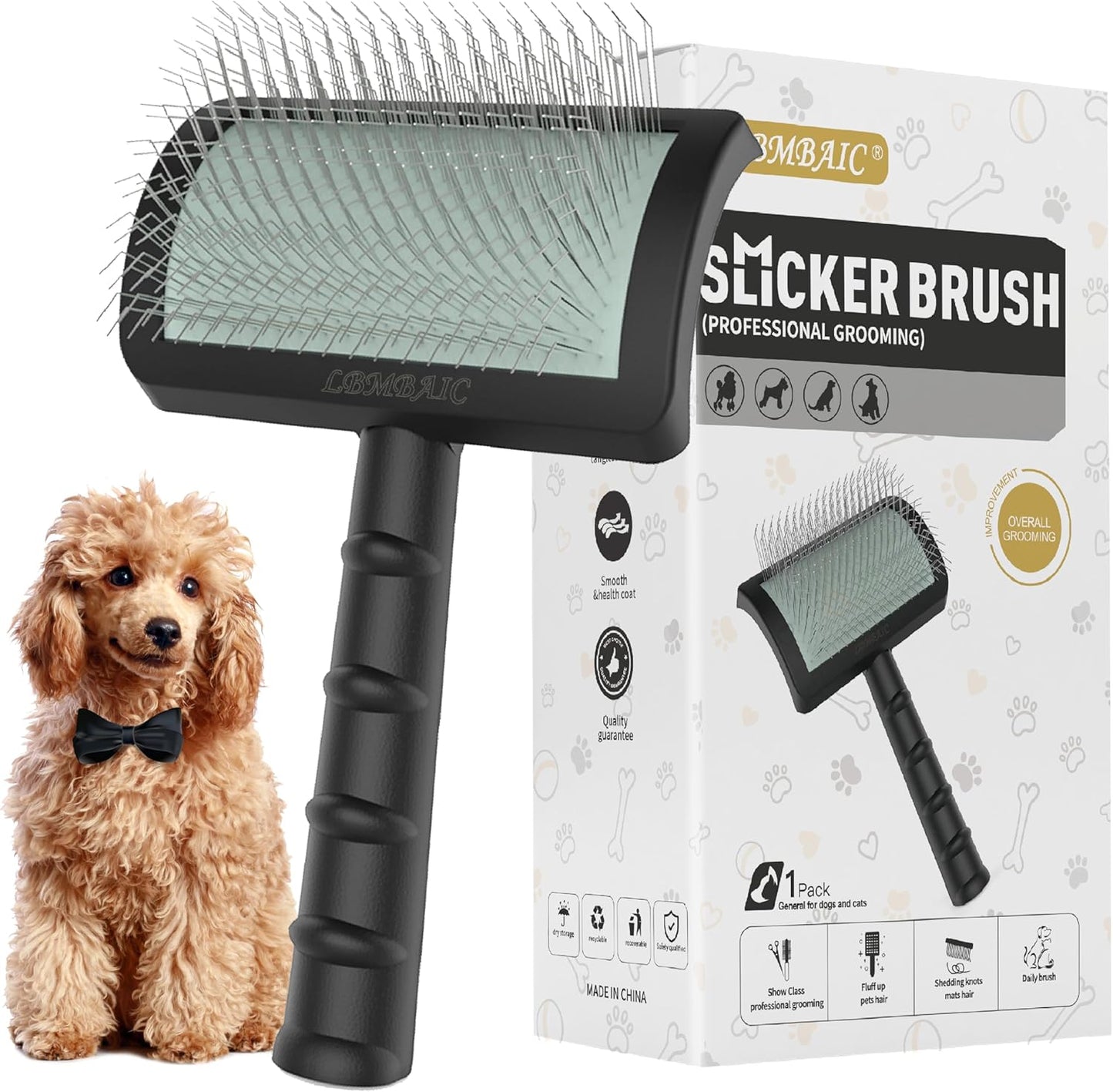 Slicker Brush for Poodles and Goldendoodles - Curved Brush for Thick, Fluffy, Shedding Fur on Dogs and Cats - Soft, Gentle Pins for Grooming (Blue)