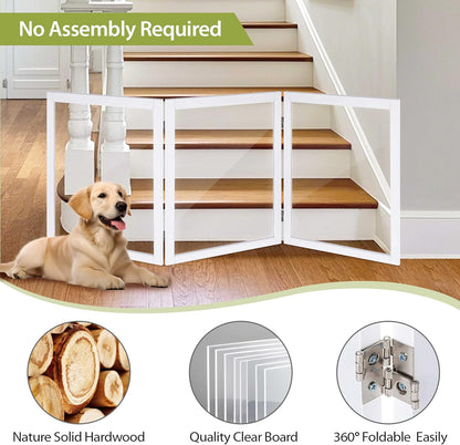LZRS Clear Dog Gate for Indoor Use - Transparent Pet Fence with Solid Hardwood and Plastic Board, Stylish & Durable freestanding Pet Gate for Doorways, Stairs and Hallways-2 Panel Cherry
