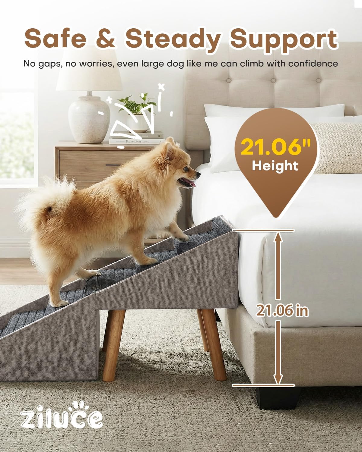 Dog Ramp for Bed & Couch, Dog Stairs 21.06 inches High for Large/Medium/Small Doggie, Foldable 2 in 1 Wooden Pet Steps for Puppy Older and Injured Dogs, Split Ottoman Design, No-Slip Surface