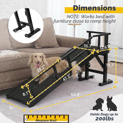 Dog Ramp for Bed or Couch, Wooden Pet Ramp with 20° Gentle Slope, Removable Side Rails, Non-Slip Surface, Top Platform & Wheels, Safe Bed Ramp for Small, Large & Senior Dogs, 60" Long, Mahogany