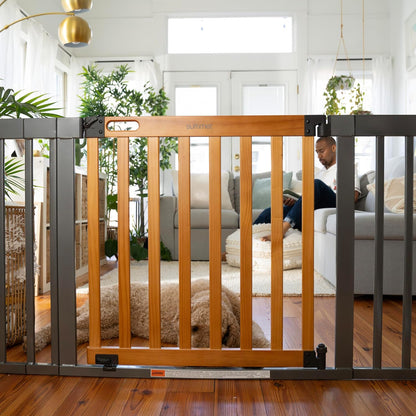 Ingenuity Ingenuity Thruway 60XW Series Extra Wide Safety Pet&Baby Gate,30"-60" Wide,26" Tall,Pressure or Hardware Mounted,Install Wall to Wall in Doorway or Stairway–Honey Oak Stained Wood&Metal