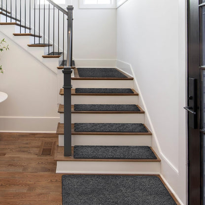 PURE ERA Bullnose Carpet Stair Treads Set Tape Free Non-Slip Indoor Stair Protectors Pet Friendly Rugs Covers Soft Skid Resistant Washable Reusable 9.5" x 30"(14 Pieces,Cream Gray)
