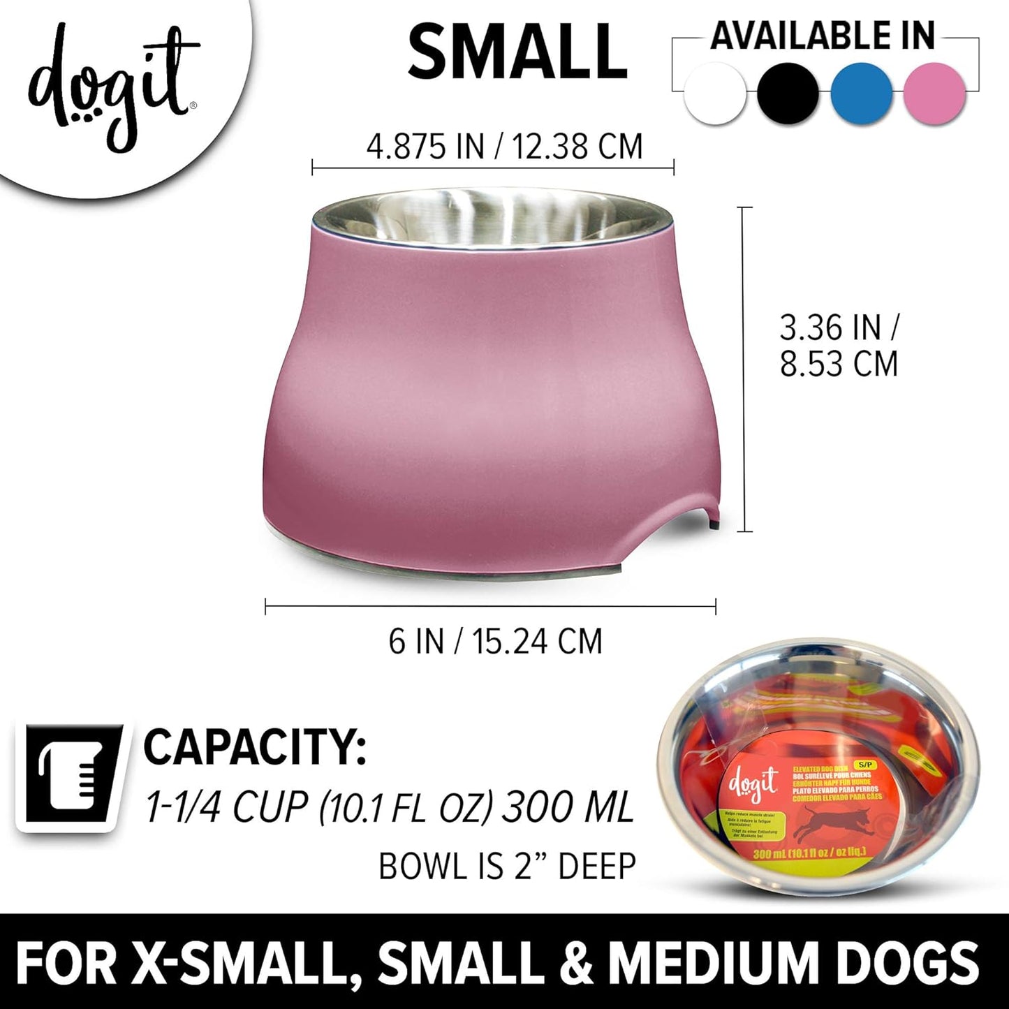 Dogit Elevated Dog Bowl, Stainless Steel Dog Food and Water Bowl for Large Dogs, White, 73753
