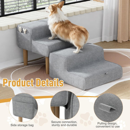PakaLife Foldable 2-in-1 Dog Ramp Ottoman, Solid Wood Dog Steps for Bed & Couch, Washable Cover, 135lb Capacity, for Small, Senior Dogs & Old Cats to Get on Bed