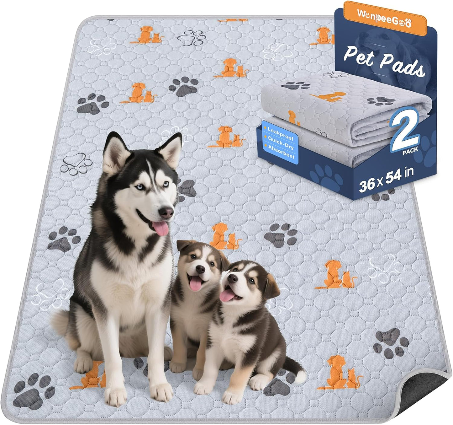 WanpeeGoo Washable Pee Pads for Dogs, 4 Pack Absorbent Reusable Training Dog Pads Pet Puppy Pads, Non-Slip Potty Pads for Whelping, Playpen, Crate, Bed, Grey 18"x24"