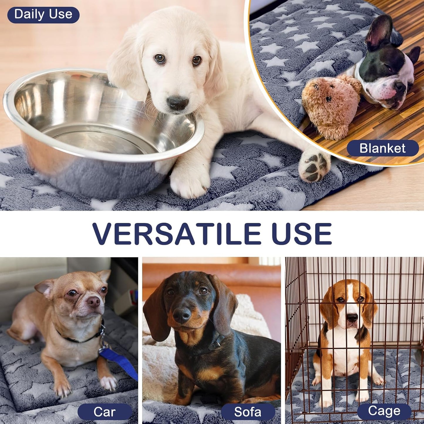 VitalCozy 4 Pcs Dog Crate Pads, Ultra Soft Warm Washable Anti-Slip Kennel Bed Mat for Pets, Reversible, Replaceable, Cage Liner for Small Medium Large Dogs and Cats (18 x 24 x 1.6 Inch,Star,Gray)