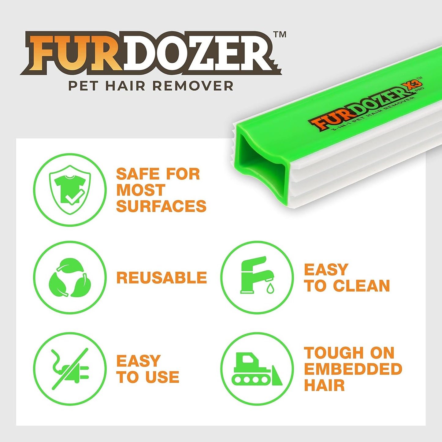 FurDozer Pet Hair Remover & Auto Detailing Tools - Cat & Dog Hair Remover for Carpets, Car Interiors, Couches, Bedding, & Pet Furniture (Gray, X3 PRO - 5" Long)