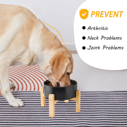 6'' Ceramic Raised Dog Bowl - 30Oz Dog Food & Water Bowl with Elevated Non-Slip Bamboo Stand, Dishwasher & Microwave Safe, Anti Vomiting Heavy Duty Pet Bowl for Small and Medium Dogs, White