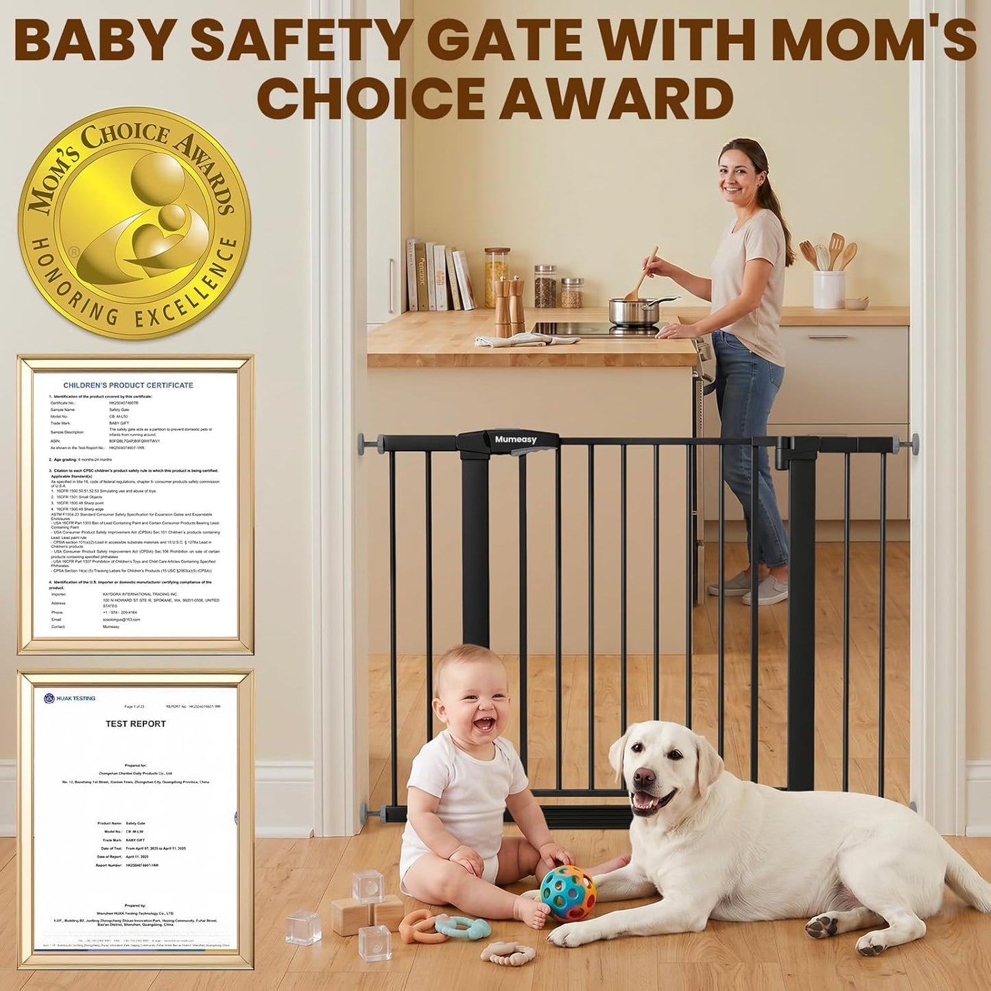 Mumeasy 29.7-46" Baby Gate for Stairs, Pressure Mounted Dog Gate for Doorways, Auto Close Walk Through Pet Gate Indoor, Extra Wide Metal Child Safety Gate, Mom's Choice Awards Winner, Black