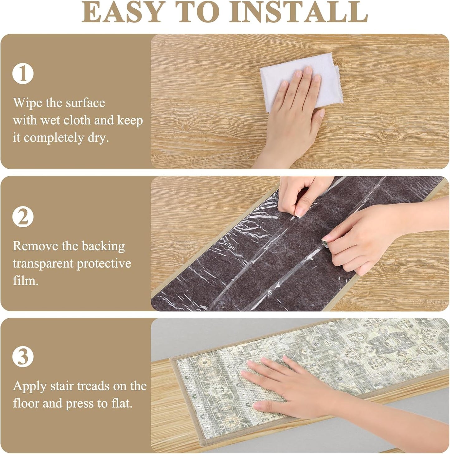 Pauwer Carpet Stair Treads for Wooden Steps Indoor 15 Pack 8" X 30" Peel and Stick Stair Treads Non Slip Staircase Step Treads Reusable Stair Runner Rugs for Dogs, Kids and Elders