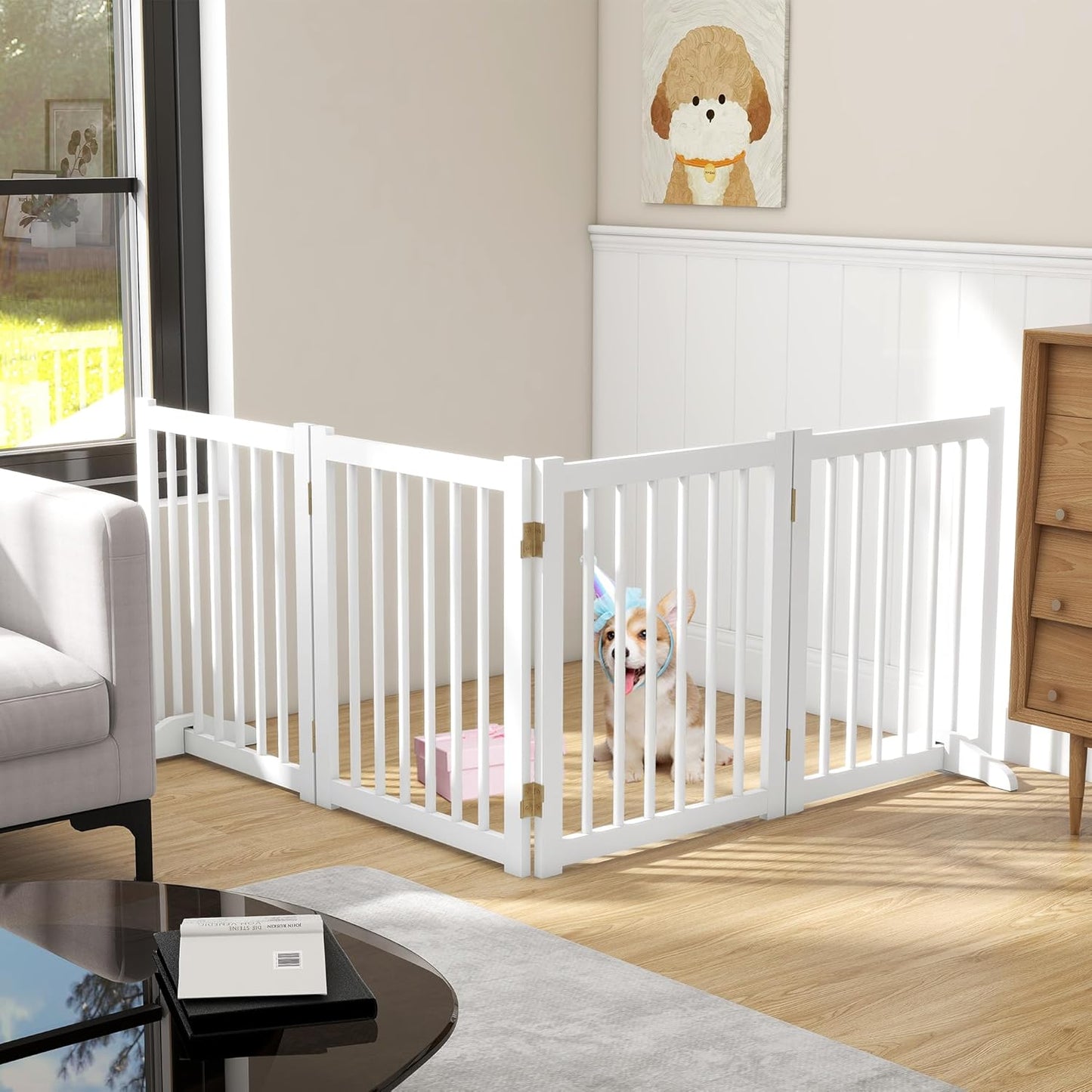 36" H Freestanding Dog Gate, Solid Wood Foldable Pet Gate with Support Feet, Wooden Tall Dog Gate for Doorway, Stairs & Indoor Use, 60" Wide Expandable Pet Fence, 3 Panels, Walnut