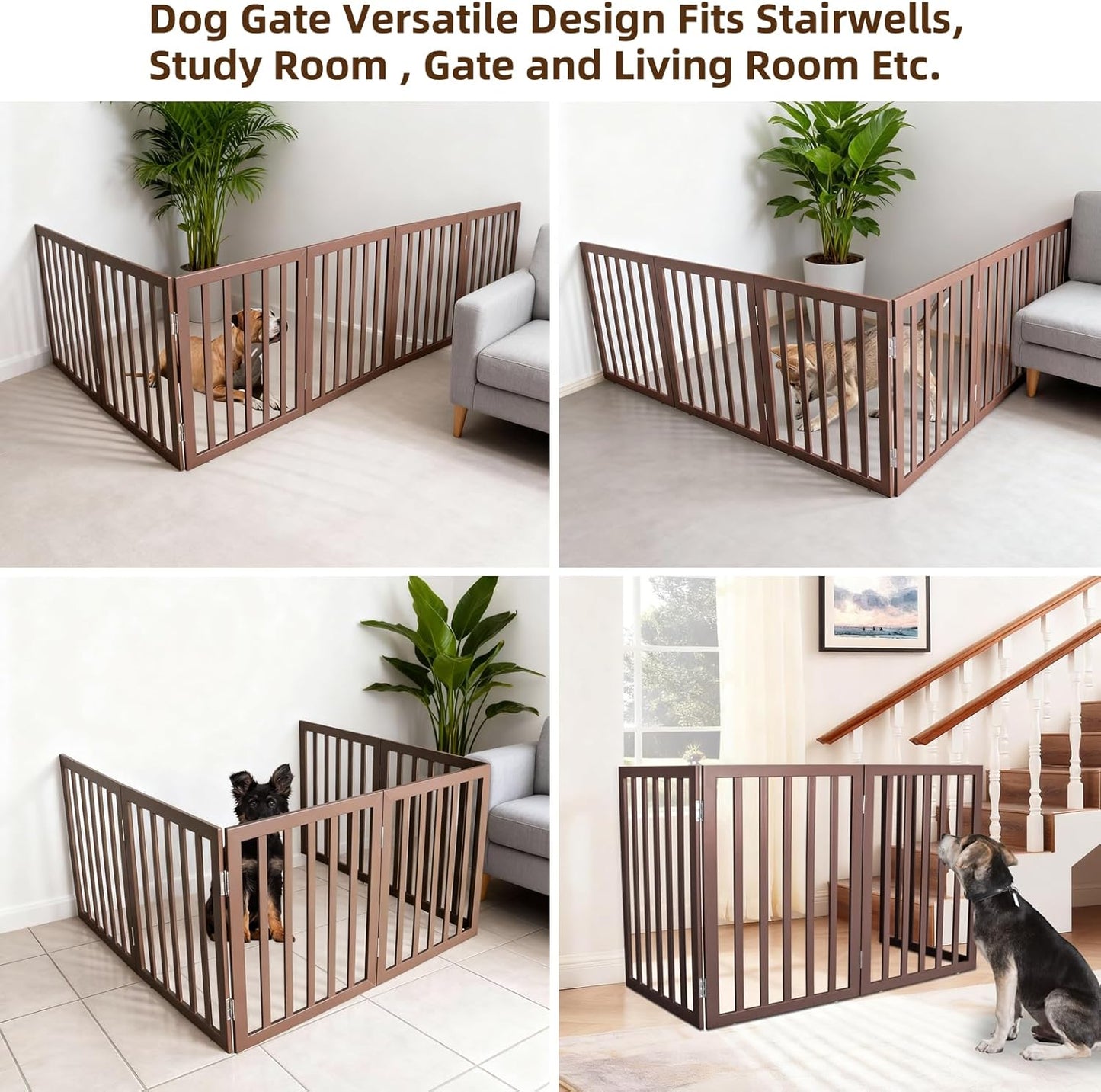 ZJSF Freestanding Indoor Dog Gate for House Foldable Wood Brown Puppy Gate for Doorways Pet Gate for Stairs Extra Wide Pet Fence 24" Height 2 Panels