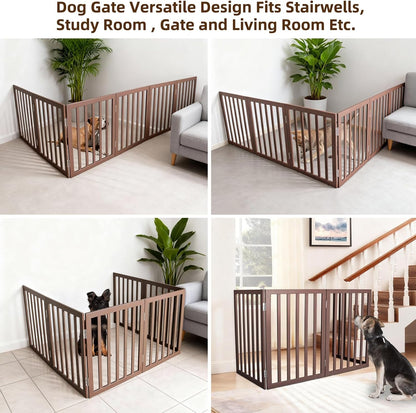 ZJSF Freestanding Indoor Dog Gate for House Foldable Wood Brown Puppy Gate for Doorways Pet Gate for Stairs Extra Wide Pet Fence 24" Height 2 Panels