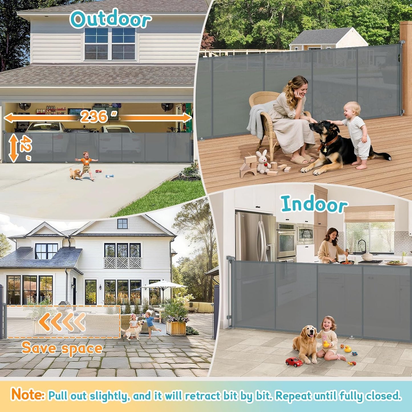 160 Inch Retractable Baby Gates Extra Wide, 42 Inch Extra Tall Retractable Gate, 13 FT Reinforced Retractable Dog Gate with Reinforcement Rod to Prevent Crawling Through, for Doorways, Stairs, Hallway