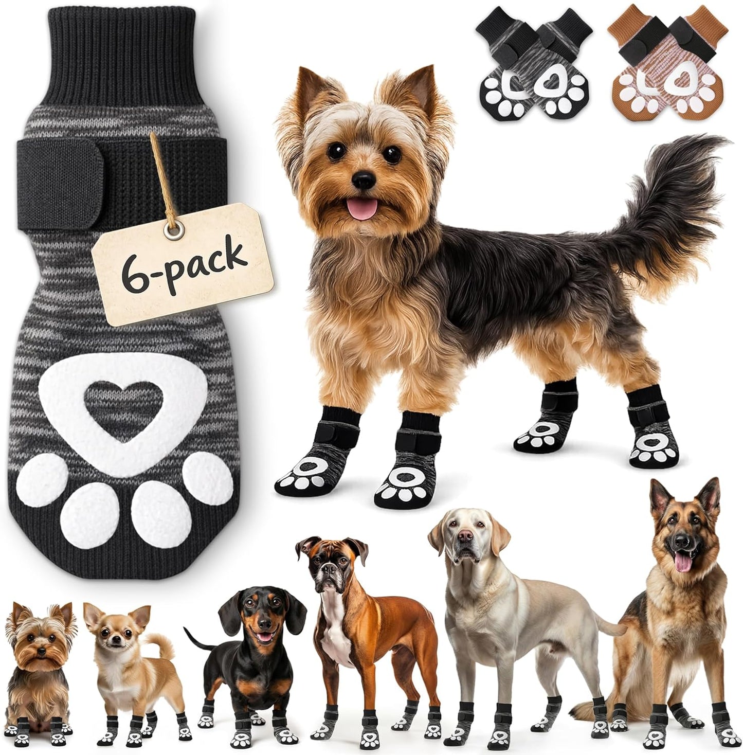 Anti Slip Dog Socks - 6 Pack | Dog Socks to Prevent Paw Licking, Add Traction, Keep Warm & Protect from Hot Pavement | Paw Protection for Senior Dogs for Hardwood Floors | Dog Booties - XL