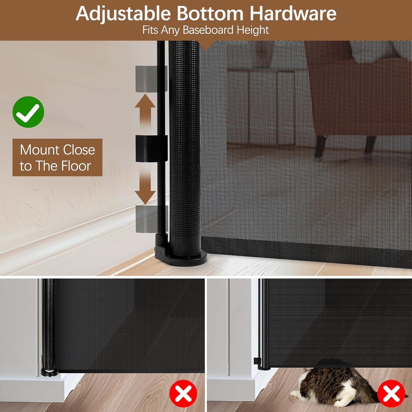 Reinforced 55" Extra Tall Pet Gate for Doorway - No Jumping Over, 55" Wide Retractable Baby Gates with Support Rods - No Crawling Under, Climb Proof Cat Gate for Stairs Tall Retractable Dog Gate/Black